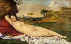 Giorgione , Sleeping Venus , c. 1510, also known as the Dresden Venus