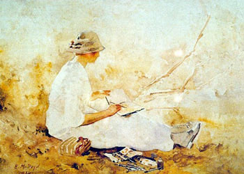 Emma Minnie Boyd, Doris Boyd sketching on the Yarra River, 1914